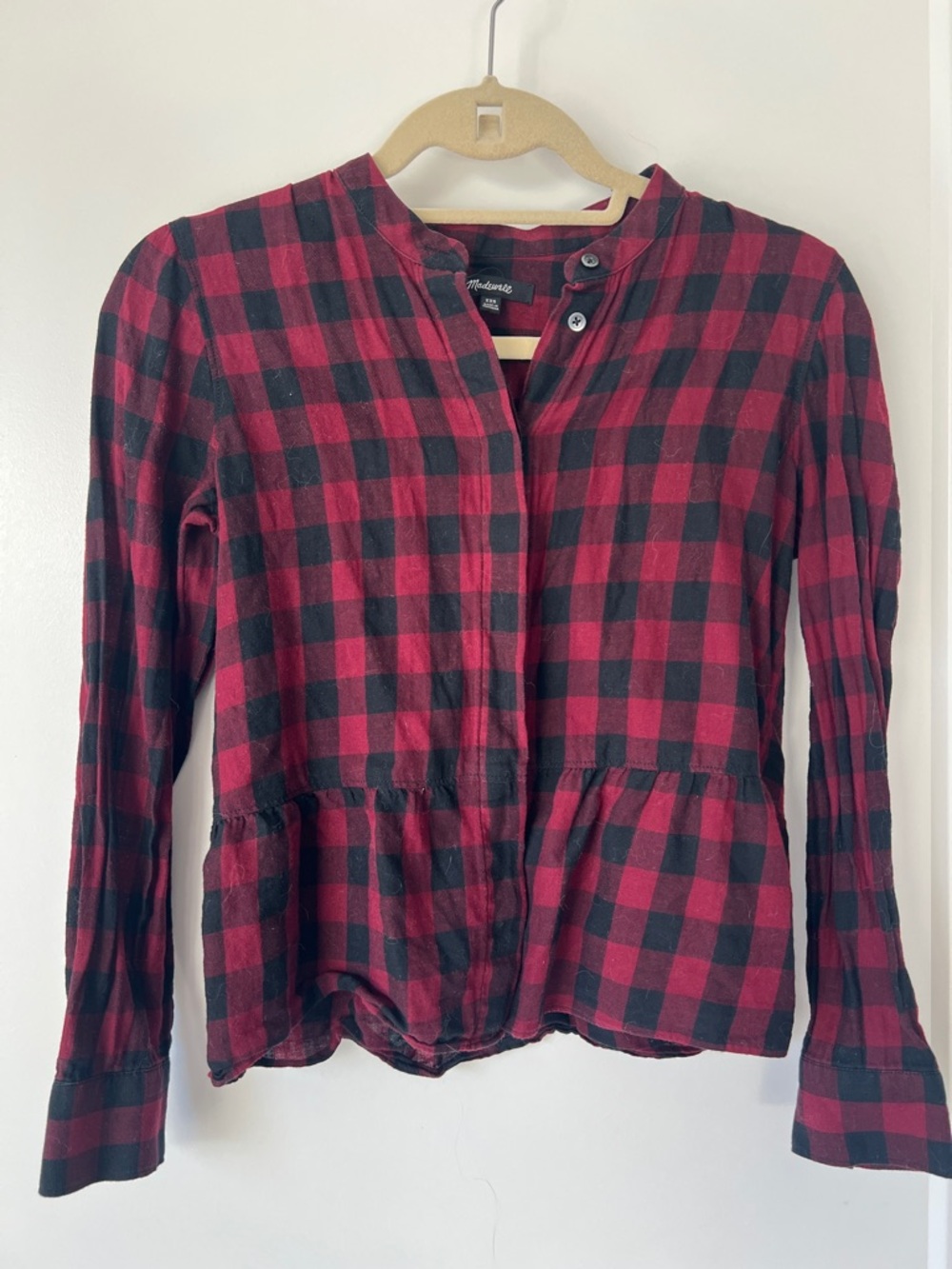 Madewell Red and Black Buffalo Plaid Peplum Button Top